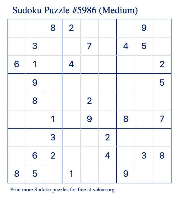 Free Printable Medium Sudoku Puzzle number 5986