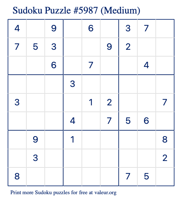Free Printable Medium Sudoku Puzzle number 5987