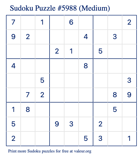 Free Printable Medium Sudoku Puzzle number 5988