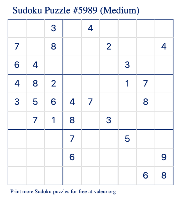 Free Printable Medium Sudoku Puzzle number 5989
