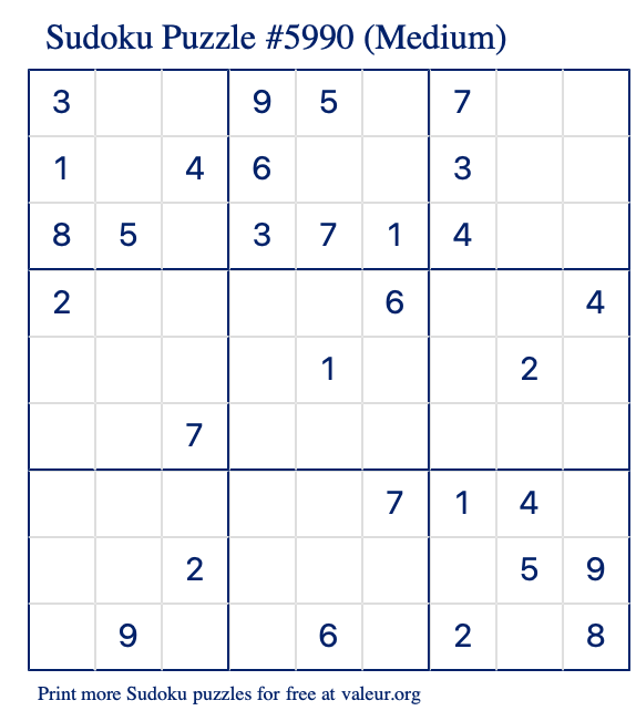 Free Printable Medium Sudoku Puzzle number 5990