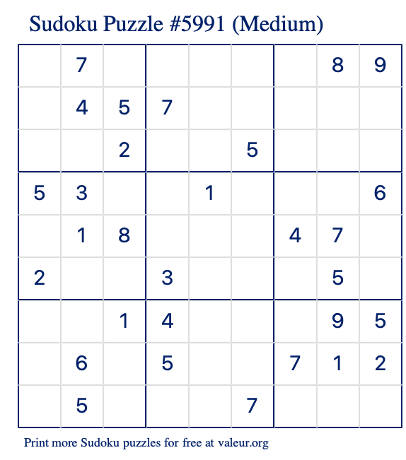 Free Printable Medium Sudoku Puzzle number 5991