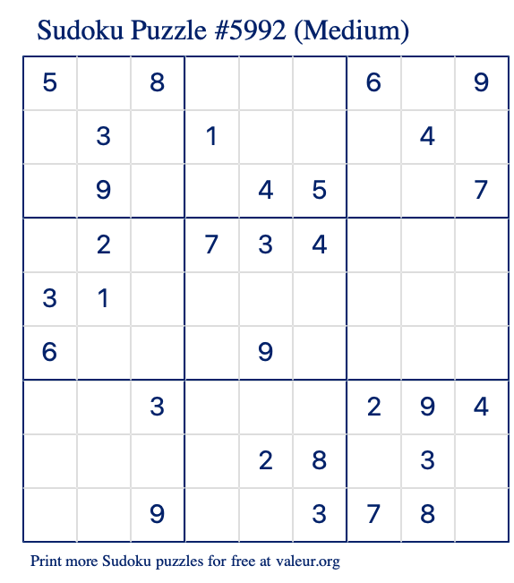 Free Printable Medium Sudoku Puzzle number 5992