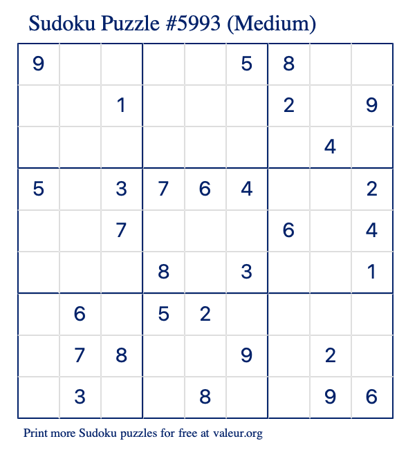 Free Printable Medium Sudoku Puzzle number 5993