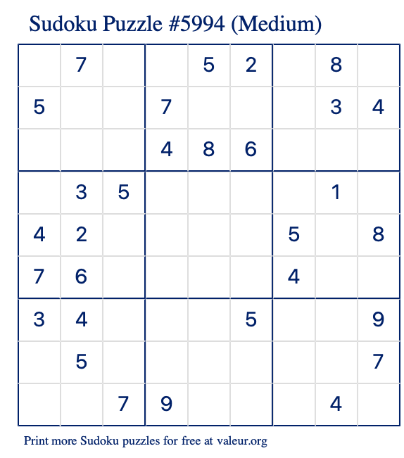 Free Printable Medium Sudoku Puzzle number 5994