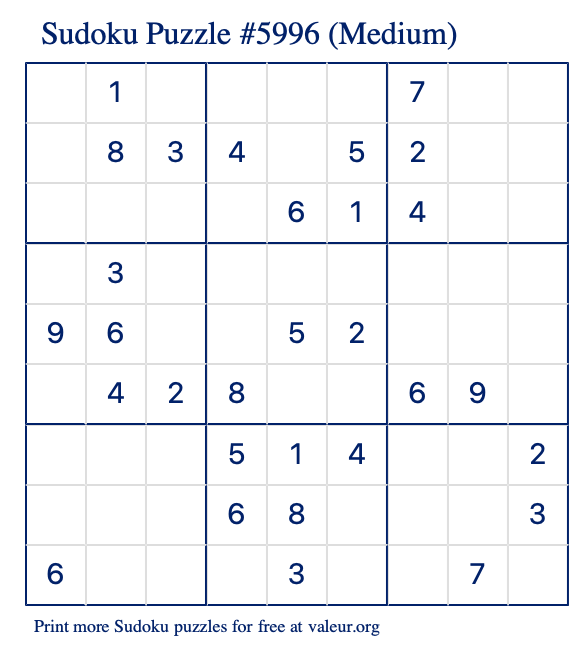 Free Printable Medium Sudoku Puzzle number 5996