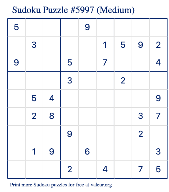 Free Printable Medium Sudoku Puzzle number 5997