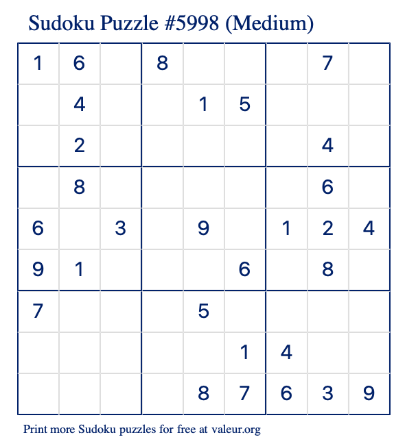 Free Printable Medium Sudoku Puzzle number 5998