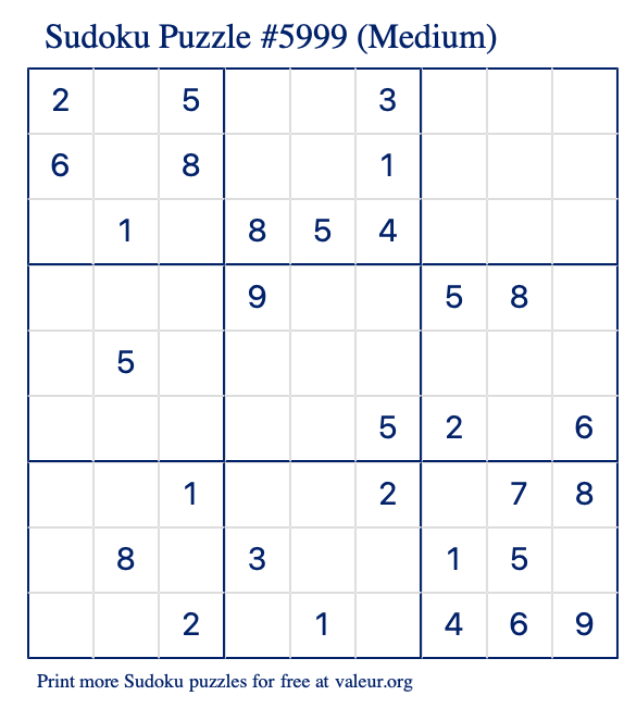 Free Printable Medium Sudoku Puzzle number 5999