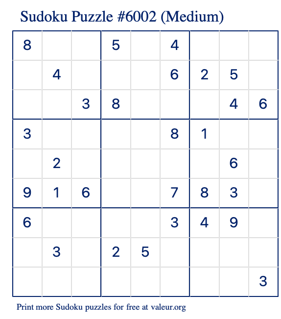 Free Printable Medium Sudoku Puzzle number 6002