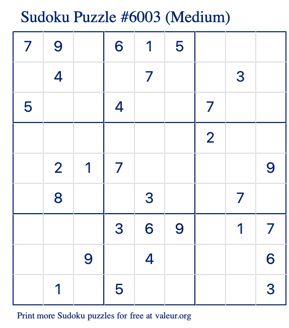 Free Printable Medium Sudoku Puzzle number 6003