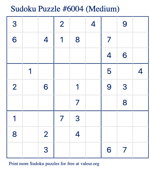 Free Printable Medium Sudoku Puzzle number 6004