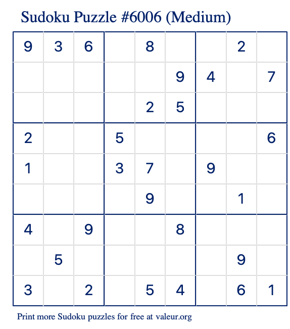 Free Printable Medium Sudoku Puzzle number 6006