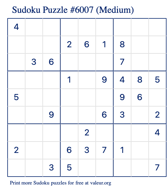 Free Printable Medium Sudoku Puzzle number 6007