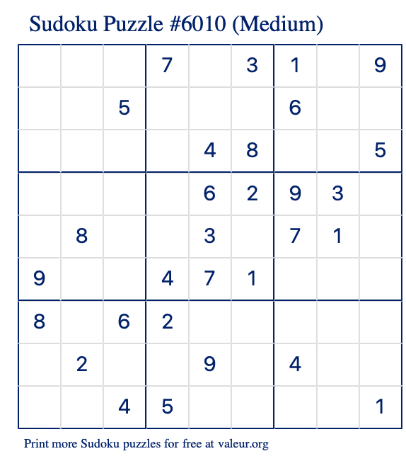 Free Printable Medium Sudoku Puzzle number 6010