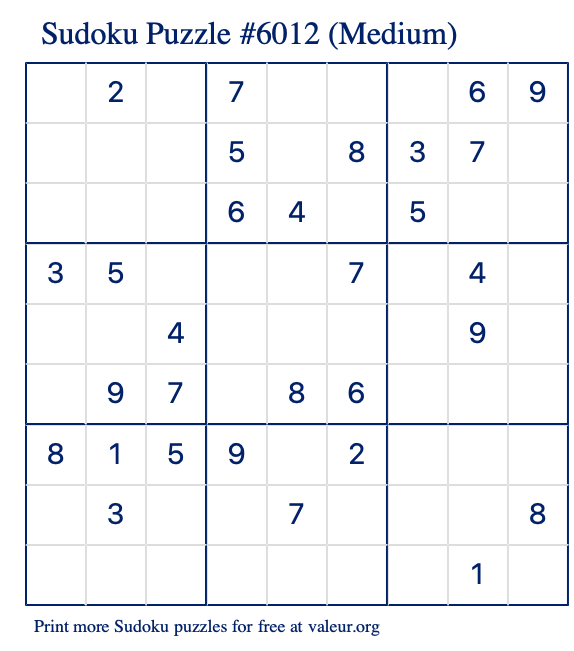 Free Printable Medium Sudoku Puzzle number 6012