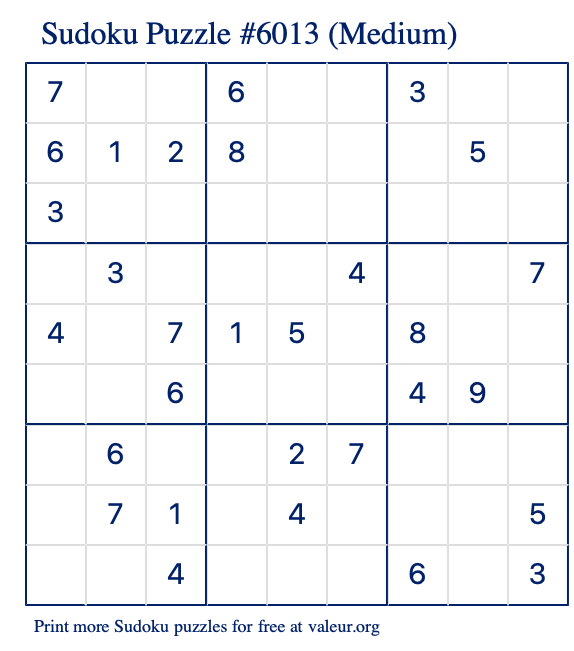 Free Printable Medium Sudoku Puzzle number 6013