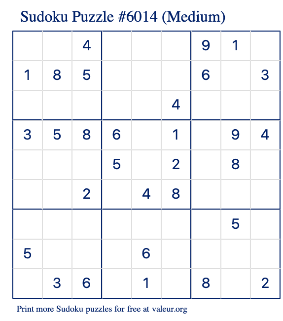 Free Printable Medium Sudoku Puzzle number 6014