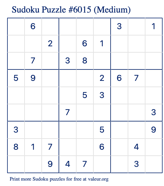 Free Printable Medium Sudoku Puzzle number 6015