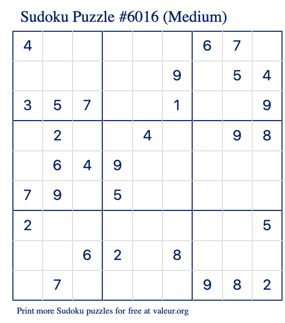 Free Printable Medium Sudoku Puzzle number 6016
