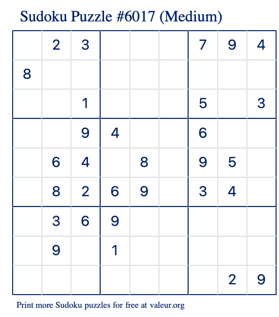 Free Printable Medium Sudoku Puzzle number 6017