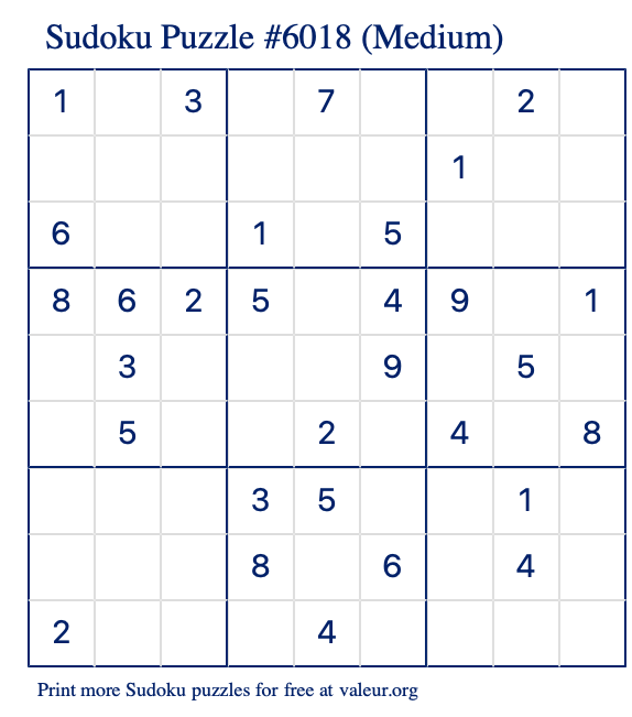 Free Printable Medium Sudoku Puzzle number 6018