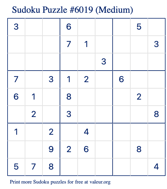 Free Printable Medium Sudoku Puzzle number 6019