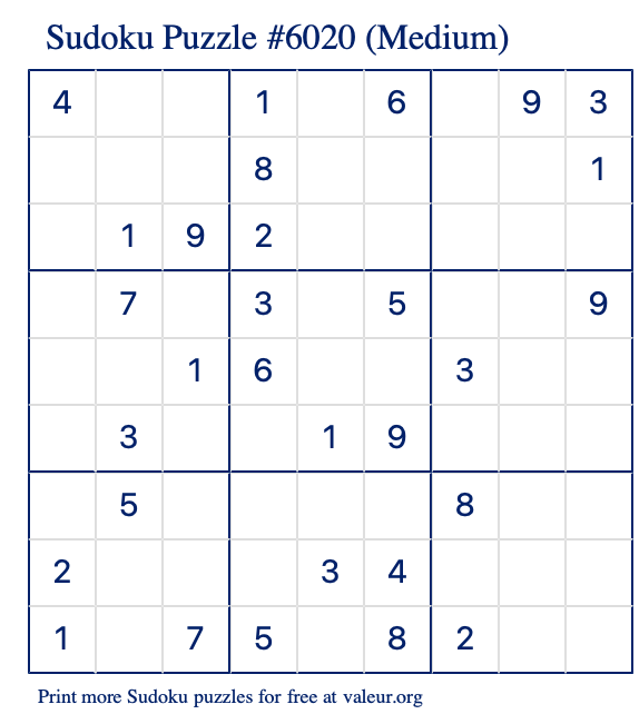 Free Printable Medium Sudoku Puzzle number 6020
