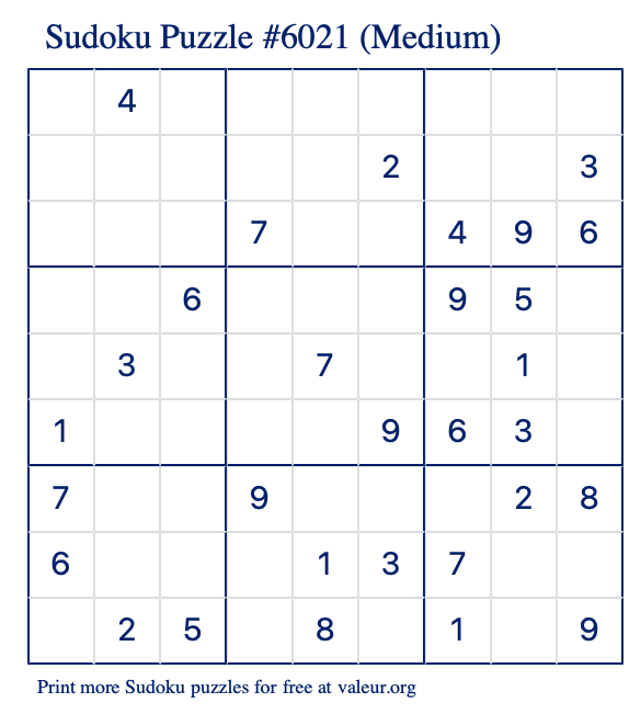 Free Printable Medium Sudoku Puzzle number 6021