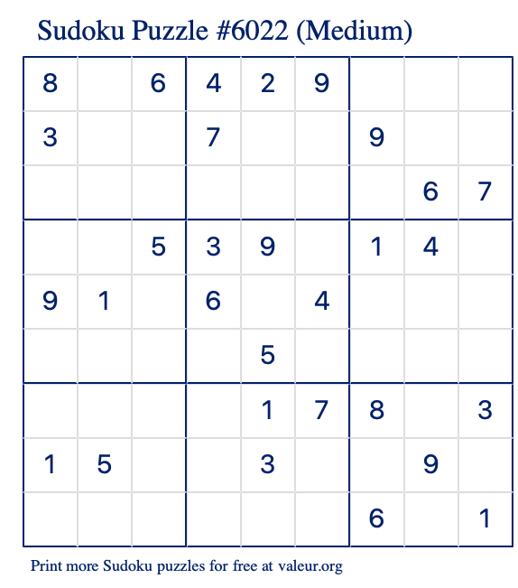 Free Printable Medium Sudoku Puzzle number 6022