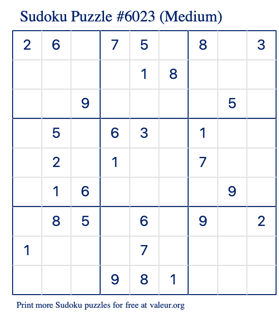 Free Printable Medium Sudoku Puzzle number 6023