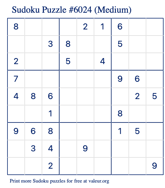 Free Printable Medium Sudoku Puzzle number 6024