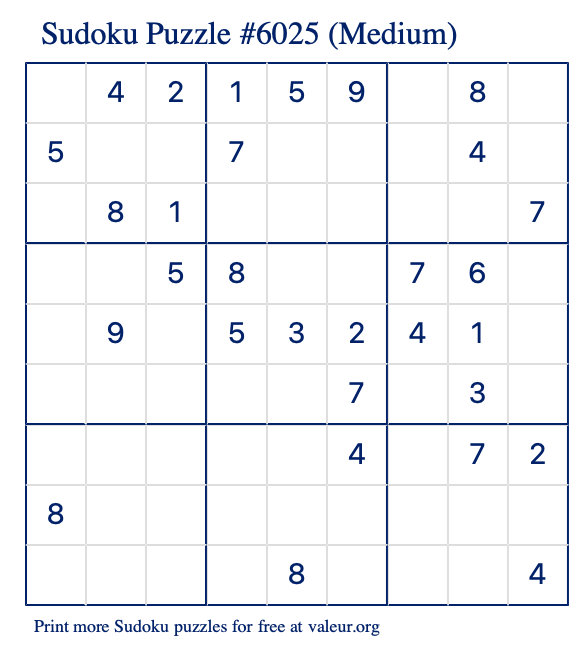 Free Printable Medium Sudoku Puzzle number 6025