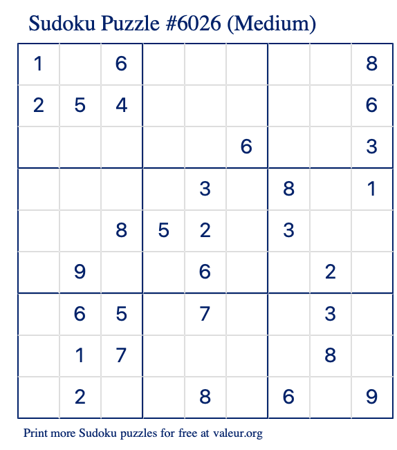 Free Printable Medium Sudoku Puzzle number 6026