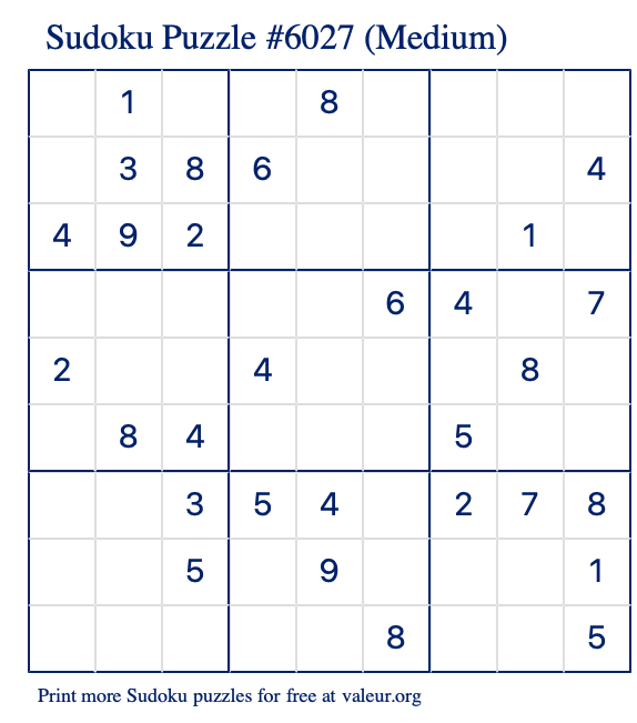 Free Printable Medium Sudoku Puzzle number 6027