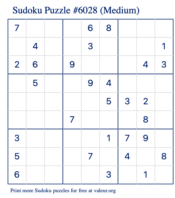 Free Printable Medium Sudoku Puzzle number 6028