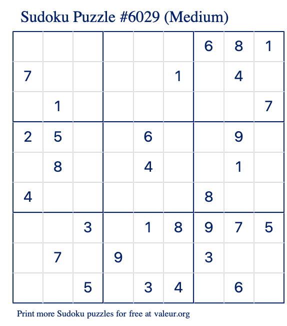 Free Printable Medium Sudoku Puzzle number 6029