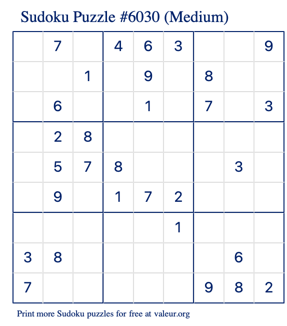 Free Printable Medium Sudoku Puzzle number 6030