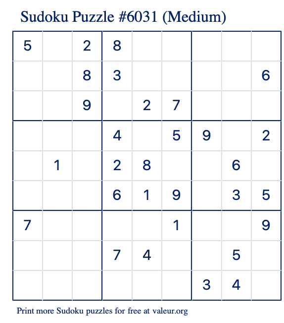 Free Printable Medium Sudoku Puzzle number 6031
