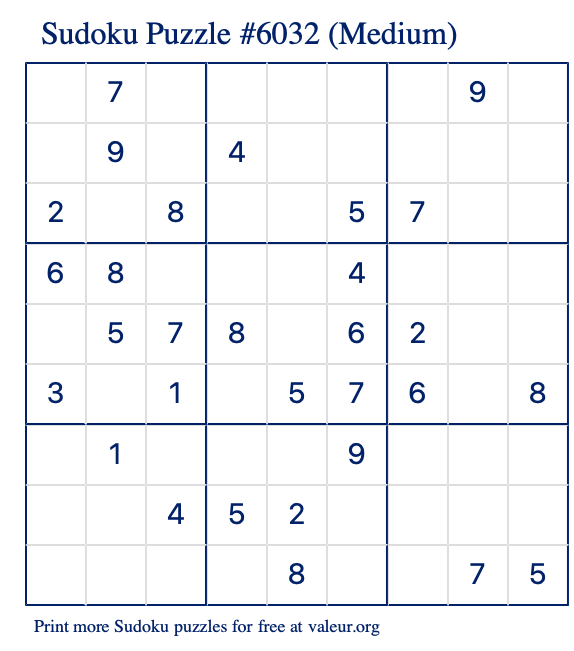 Free Printable Medium Sudoku Puzzle number 6032