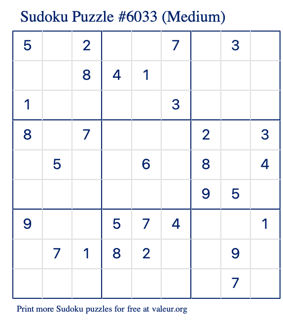 Free Printable Medium Sudoku Puzzle number 6033
