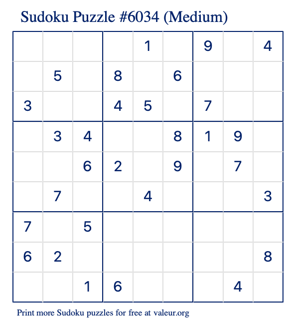 Free Printable Medium Sudoku Puzzle number 6034
