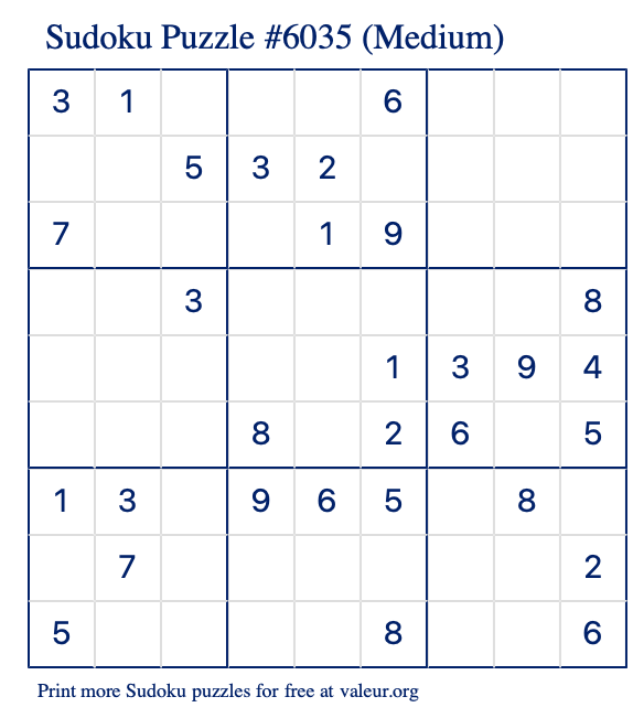 Free Printable Medium Sudoku Puzzle number 6035