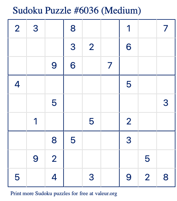 Free Printable Medium Sudoku Puzzle number 6036