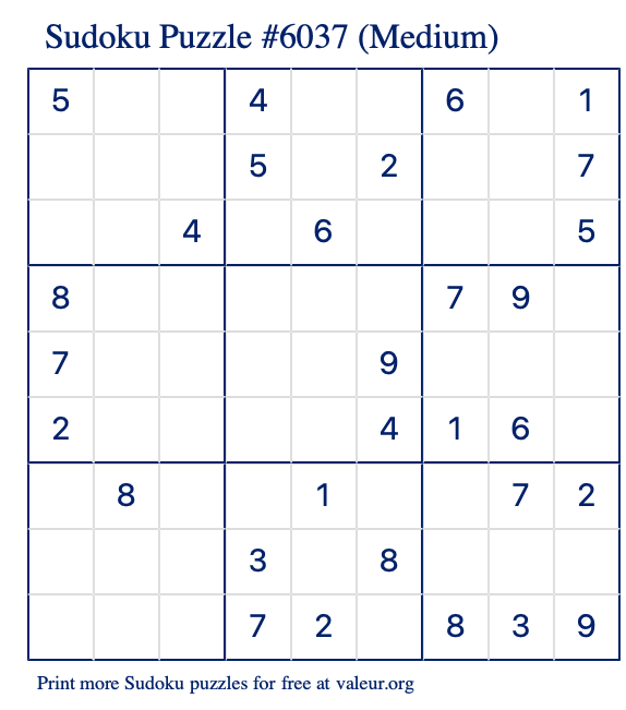 Free Printable Medium Sudoku Puzzle number 6037
