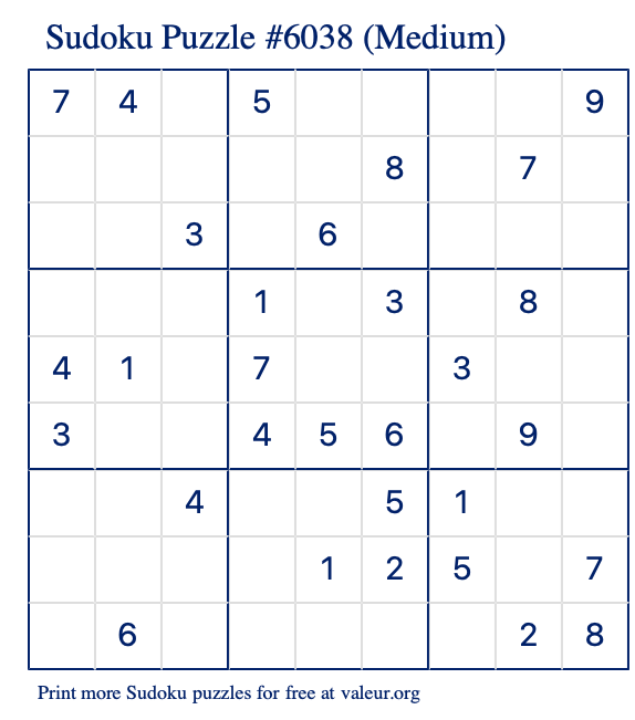 Free Printable Medium Sudoku Puzzle number 6038