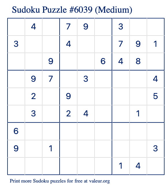 Free Printable Medium Sudoku Puzzle number 6039