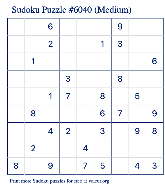 Free Printable Medium Sudoku Puzzle number 6040