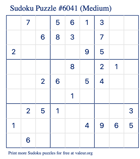 Free Printable Medium Sudoku Puzzle number 6041