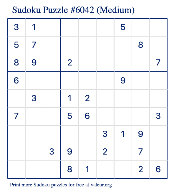 Free Printable Medium Sudoku Puzzle number 6042